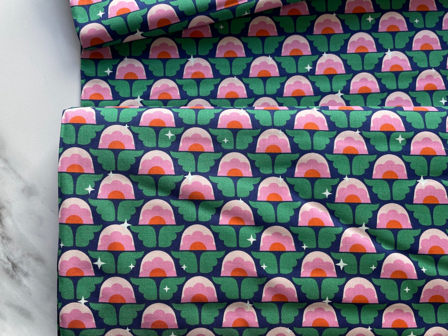Colourful flower fabric, organic cotton, Sparkle Flower Green, from Stardust
