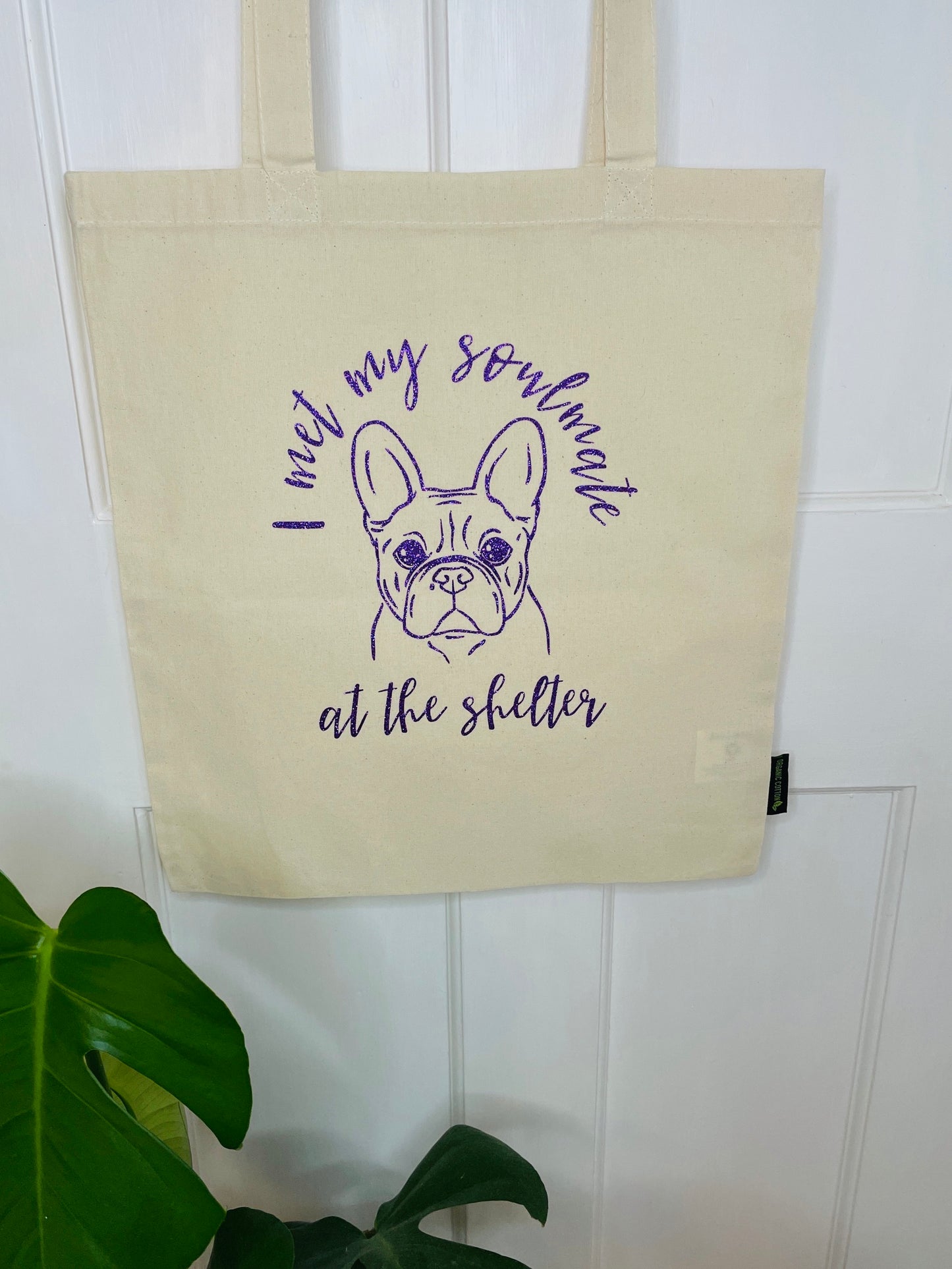 Organic tote bag with a dog silhouette, perfect for a French Bulldog lover