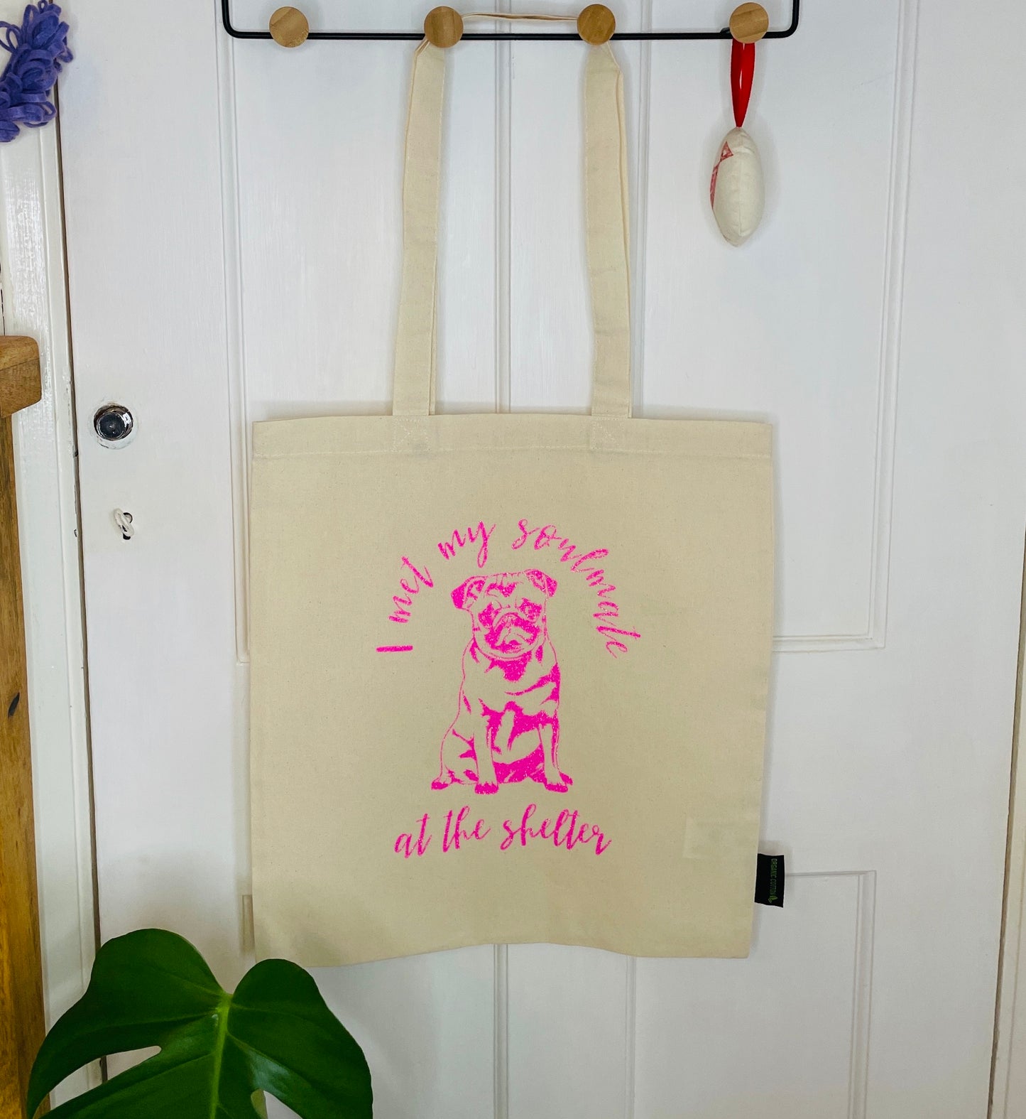 Organic tote bag with a dog silhouette, perfect for a pug lover