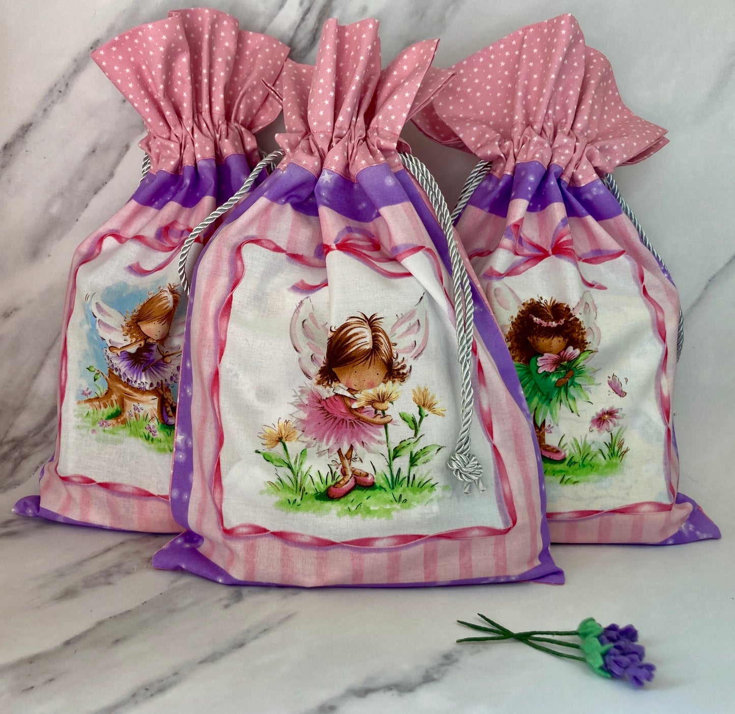 Reusable cotton drawstring gift bag, with a choice of four fairy designs