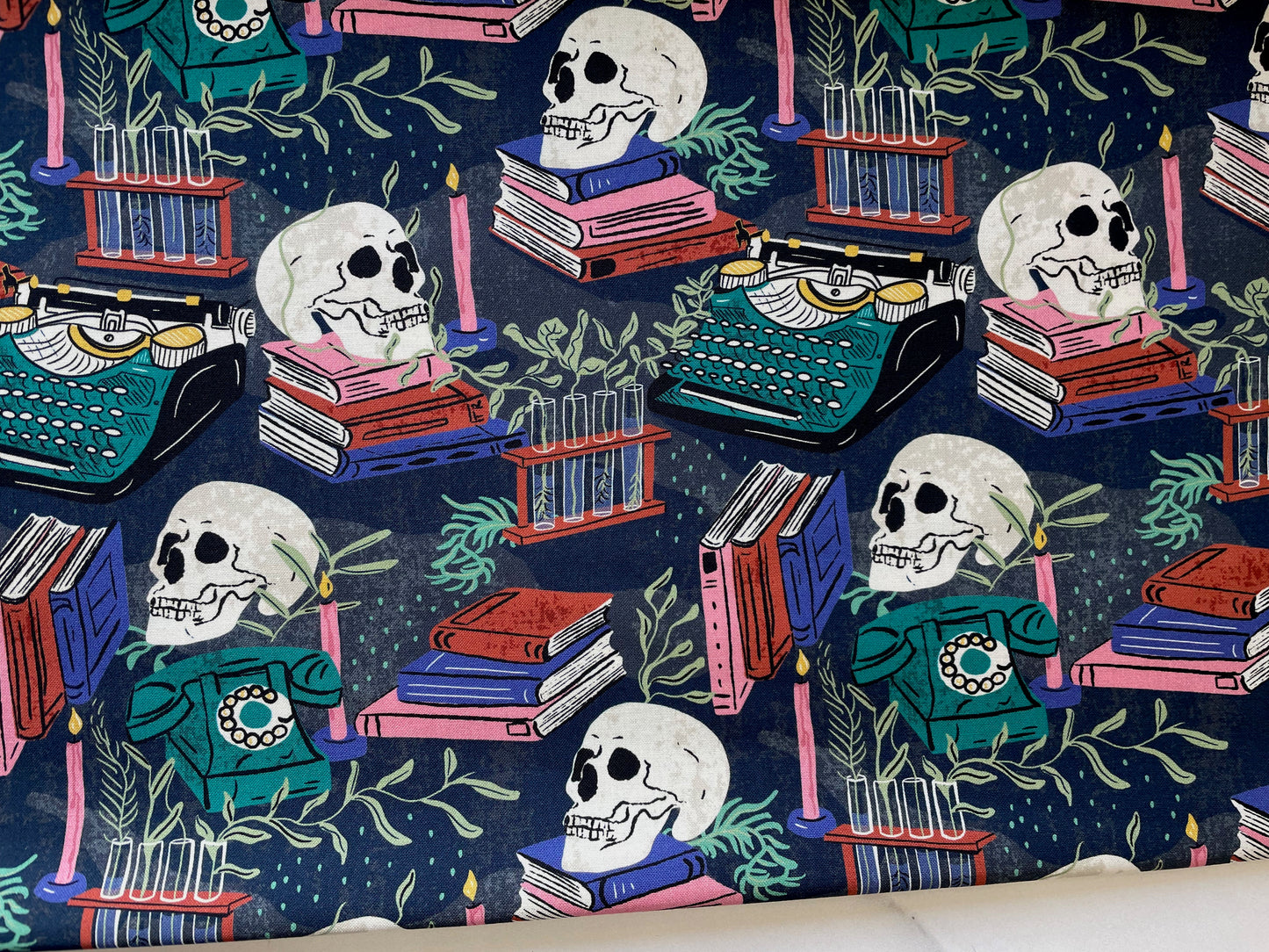 Skull fabric, Edgars Writing Room, from Mystery at Moonstone Manor, Organic cotton