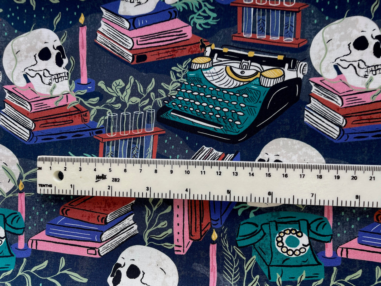 Skull fabric, Edgars Writing Room, from Mystery at Moonstone Manor, Organic cotton