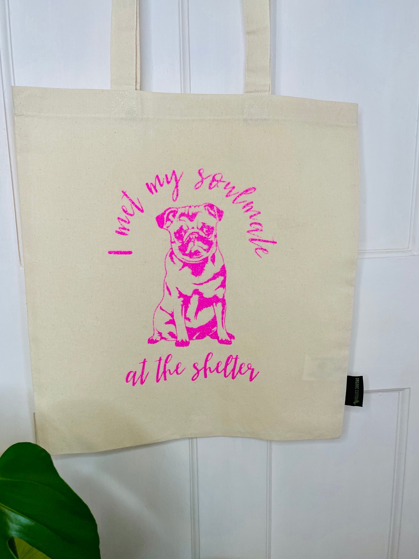 Organic tote bag with a dog silhouette, perfect for a pug lover