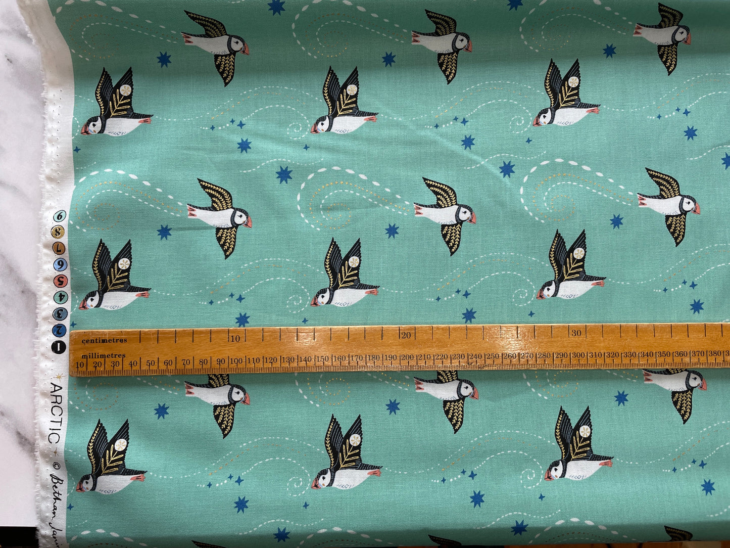 Puffin cotton fabric, Arctic from Dashwood Studio