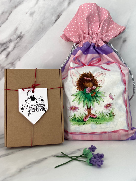 Reusable cotton drawstring gift bag, with a choice of four fairy designs