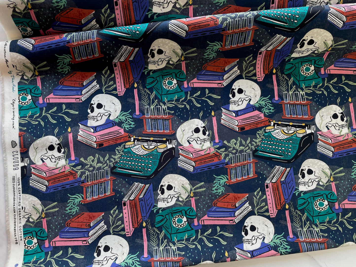 Skull fabric, Edgars Writing Room, from Mystery at Moonstone Manor, Organic cotton