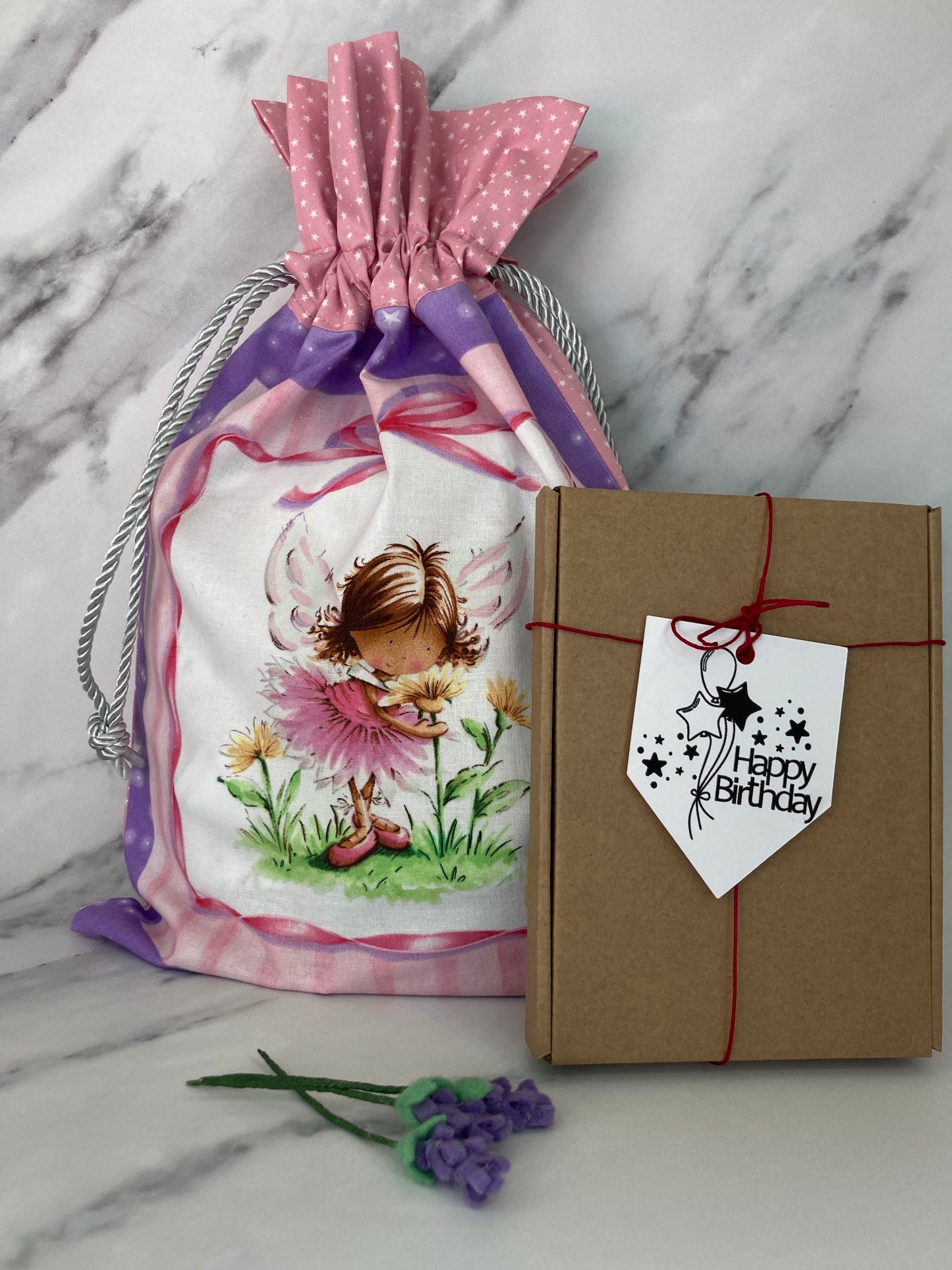 Reusable cotton drawstring gift bag, with a choice of four fairy designs