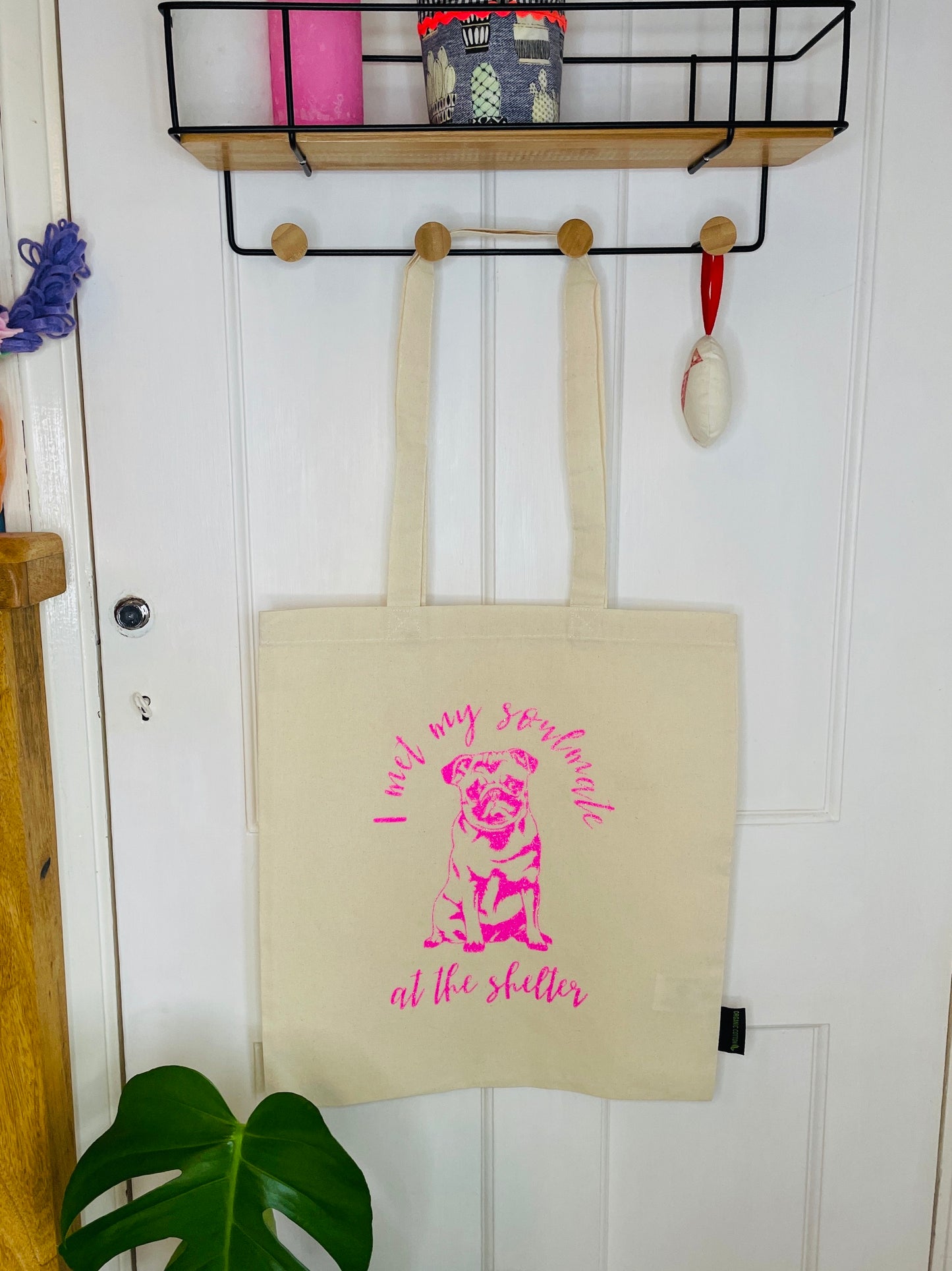 Organic tote bag with a dog silhouette, perfect for a pug lover