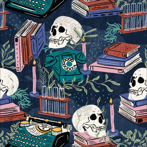 Skull fabric, Edgars Writing Room, from Mystery at Moonstone Manor, Organic cotton