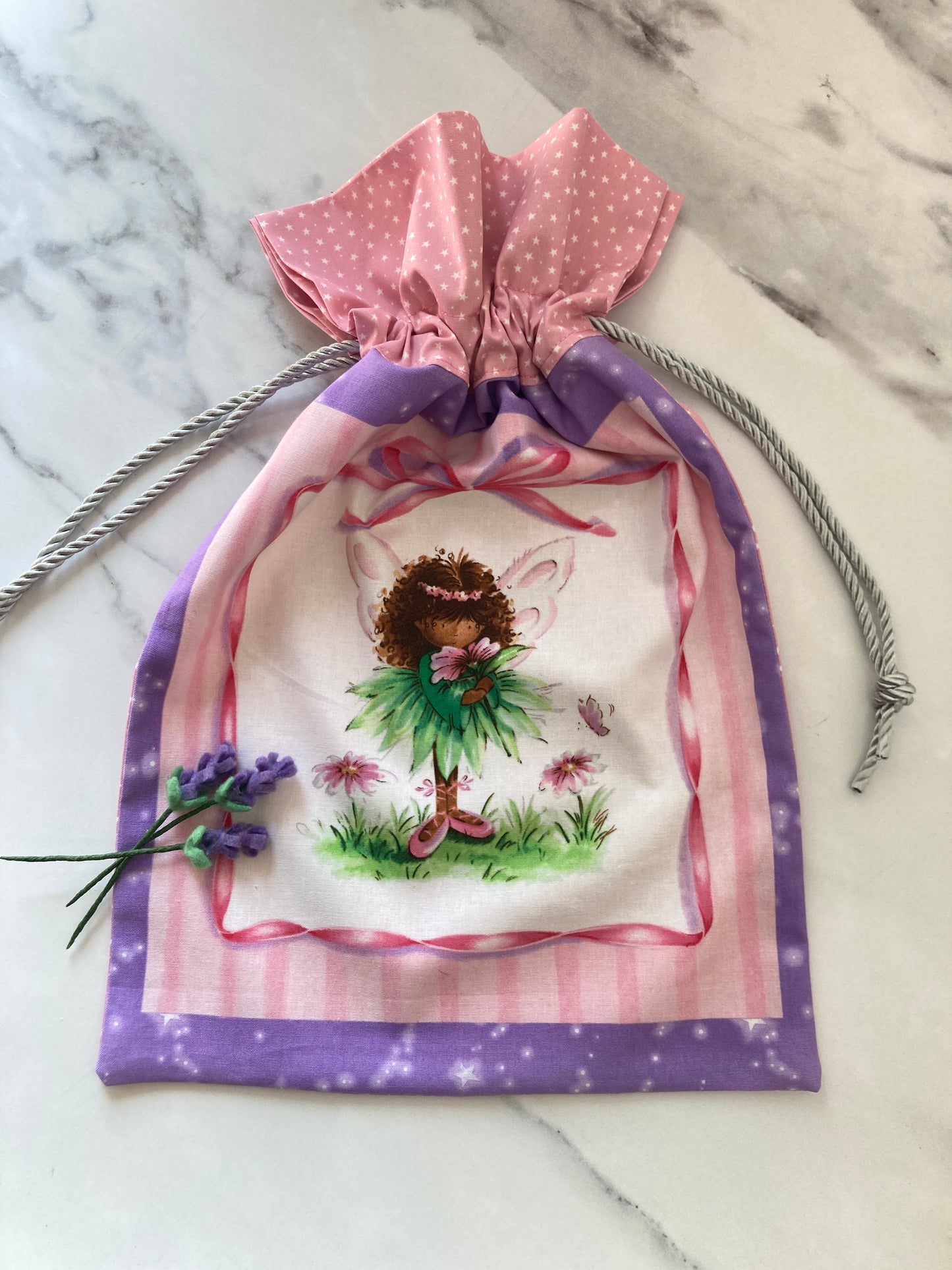 Reusable cotton drawstring gift bag, with a choice of four fairy designs